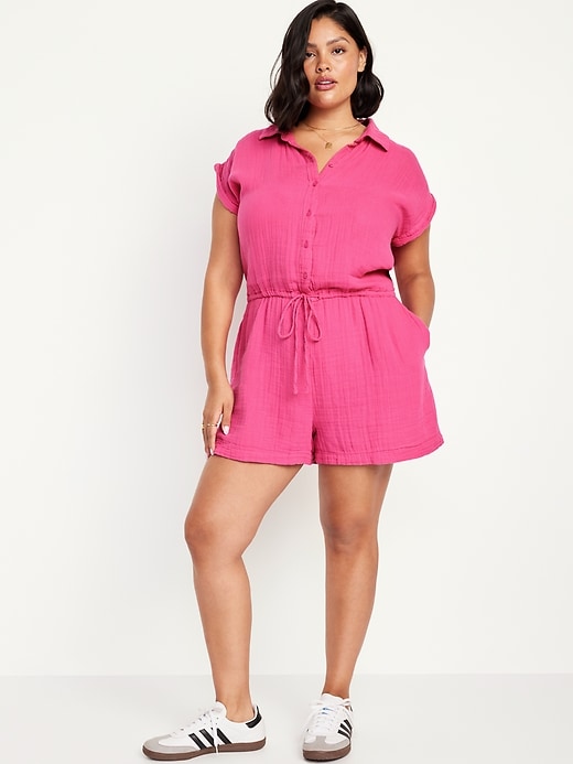 Image number 6 showing, Waist-Defined Crinkle Gauze Romper -- 3-inch inseam