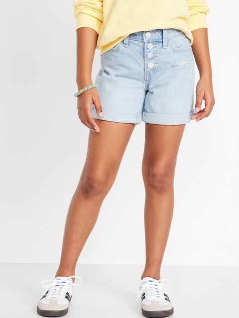 High-Waisted Button-Fly Ripped Jean Midi Shorts for Girls