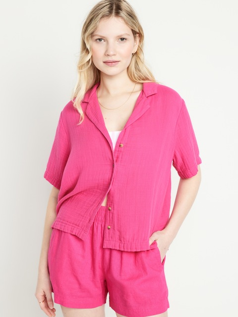 Crinkle Gauze Button-Down Shirt - Polarized Pink