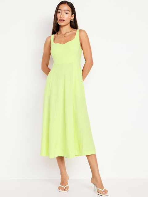 Fit & Flare Linen-Blend Midi Dress - Yellow