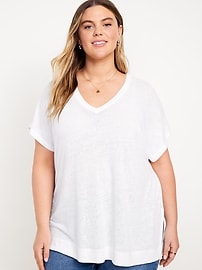 T-shirt tunique surdimensionné en mélange de lin à col en V pour Femme