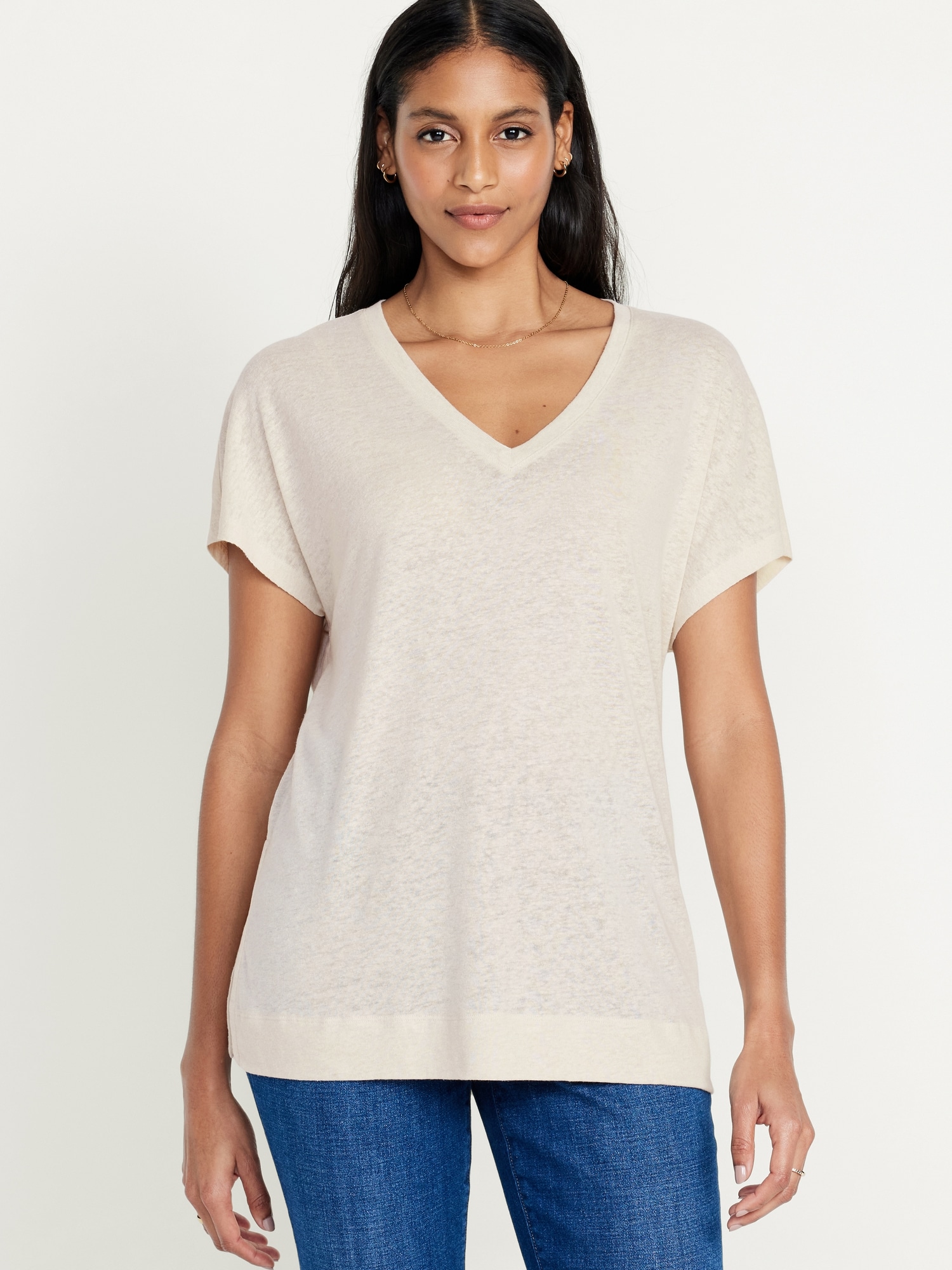 Oversized V-Neck Linen-Blend T-Shirt