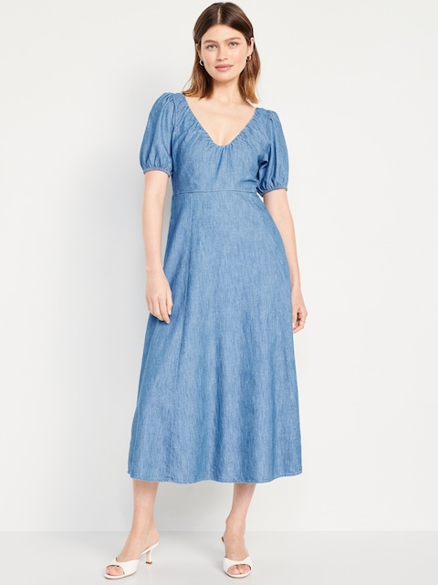 Puff-Sleeve Chambray Midi Dress - Blue