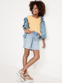 View large product image 3 of 4. High-Waisted Ripped Frayed-Hem Jean Bermuda Shorts for Girls