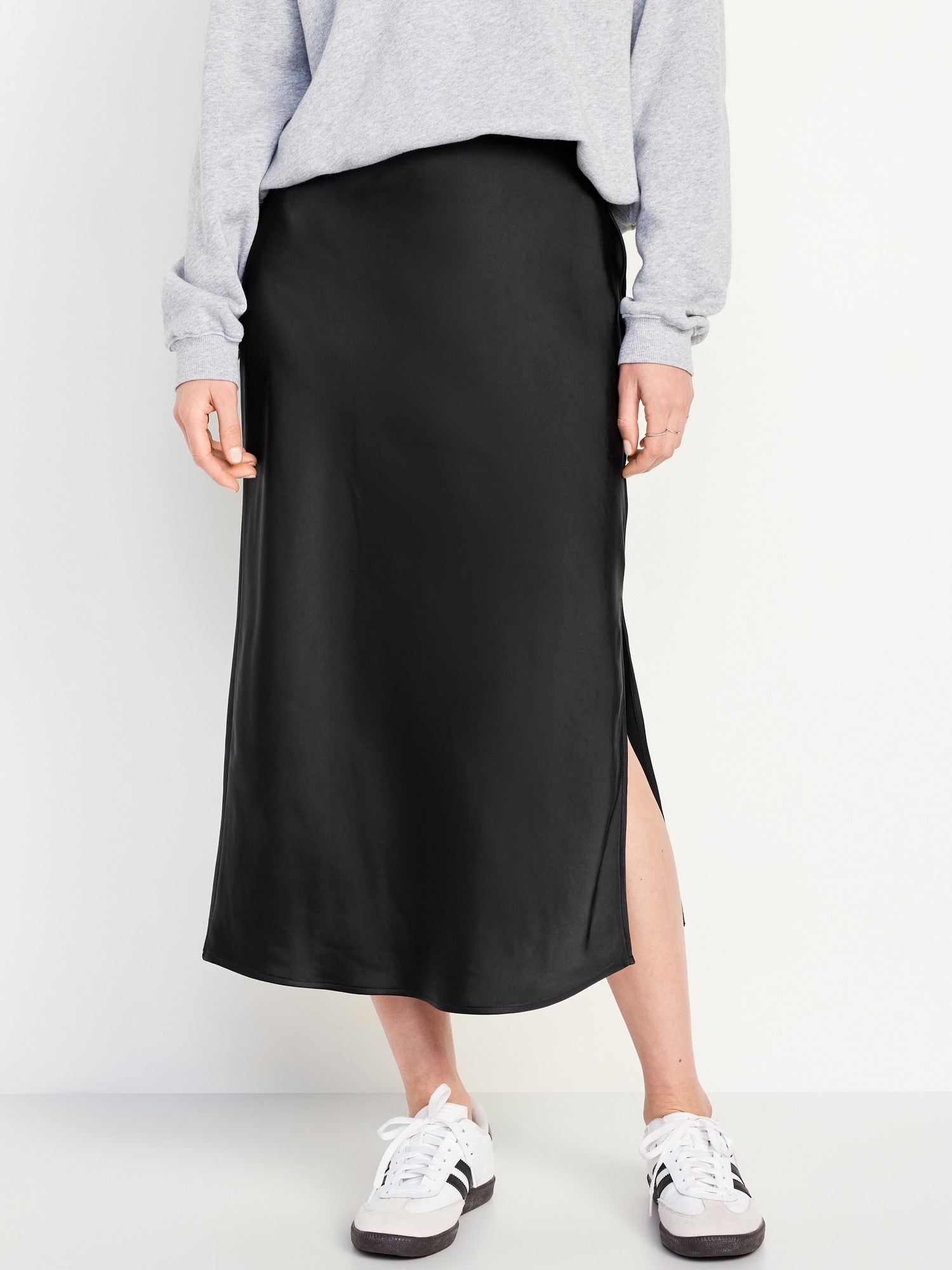 High-Waisted Satin Midi Slip Skirt