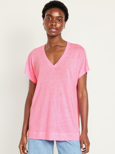Oversized Linen-Blend Tunic T-Shirt - Pink Edge