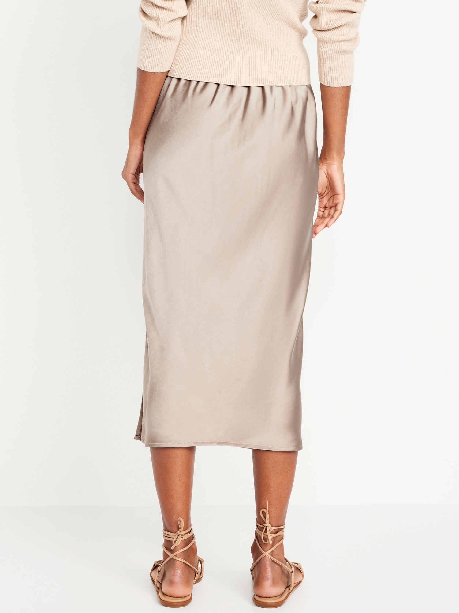 High-Waisted Satin Midi Slip Skirt