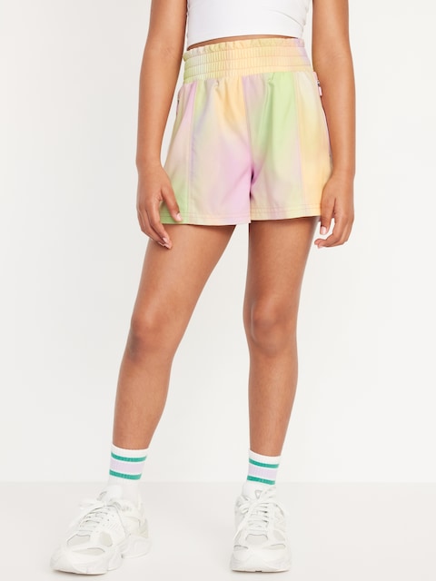 High-Waisted StretchTech Zip-Pocket Shorts for Girls - Rainbow Tie-Dye