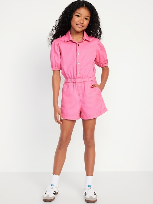 View large product image 1 of 3. Puff-Sleeve Button-Front Romper for Girls