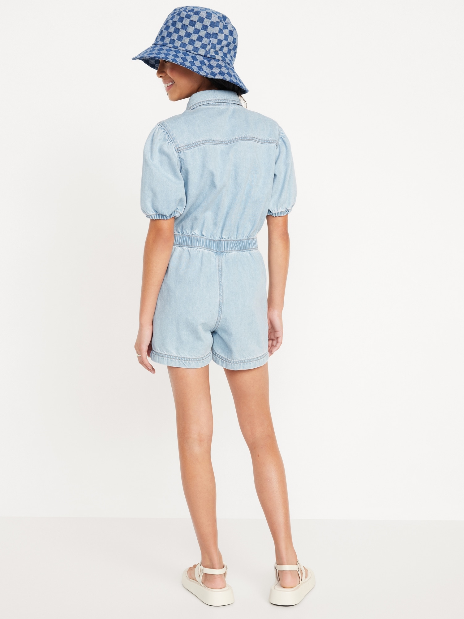 Puff-Sleeve Utility Jean Romper for Girls