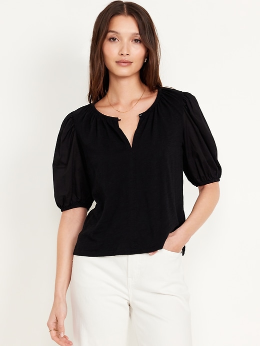 Image number 1 showing, Puff-Sleeve Slub-Knit Top