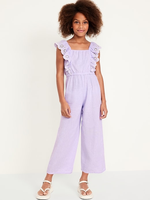 Voir une image plus grande du produit 1 de 3. Combinaison sans manches à garniture à volants en mélange de lin pour Fille