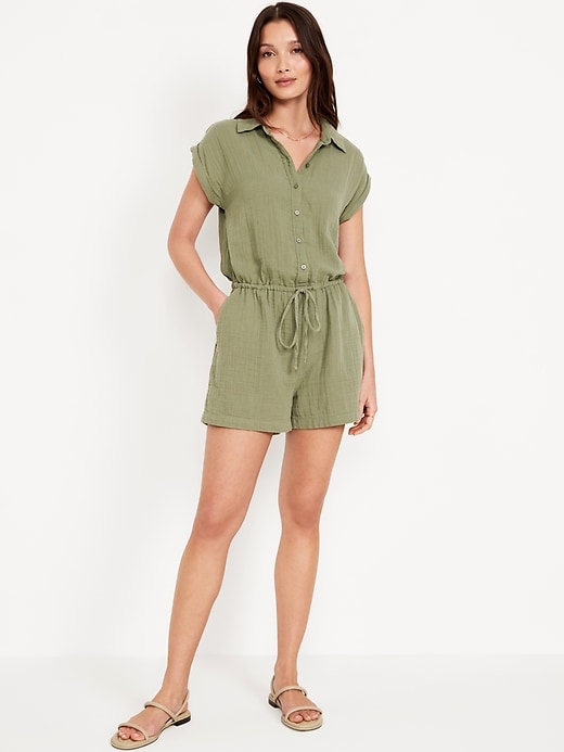 Image number 1 showing, Waist-Defined Crinkle Gauze Romper -- 3-inch inseam