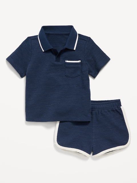 Textured-Knit Collared Pocket Shirt and Shorts Set for Baby