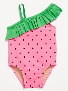 Printed One-Shoulder Ruffled One-Piece Swimsuit Set for Baby