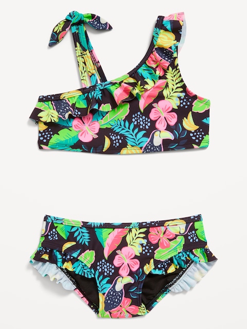 One-Shoulder Printed Ruffle-Trim Swim Set for Toddler Girls - Multi