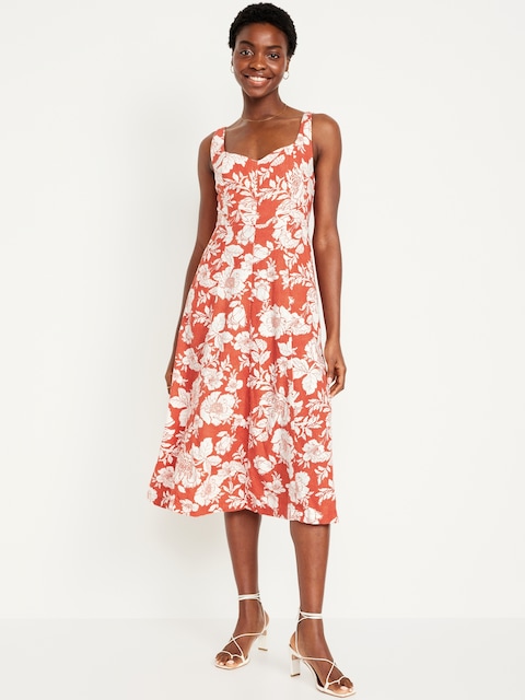 Fit & Flare Linen-Blend Midi Dress - Red Floral