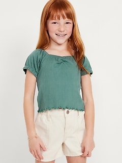Puff-Sleeve Textured Sweetheart-Neck Top for Girls
