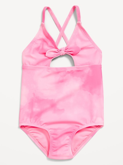 Printed Cutout One-Piece Swimsuit for Toddler Girls - Pink Tie