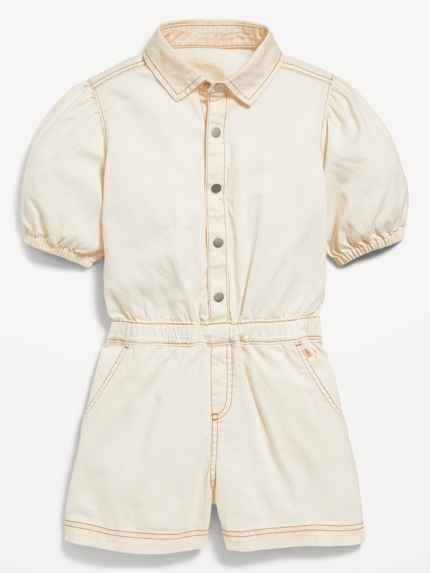 Puff-Sleeve Button-Front Romper for Girls