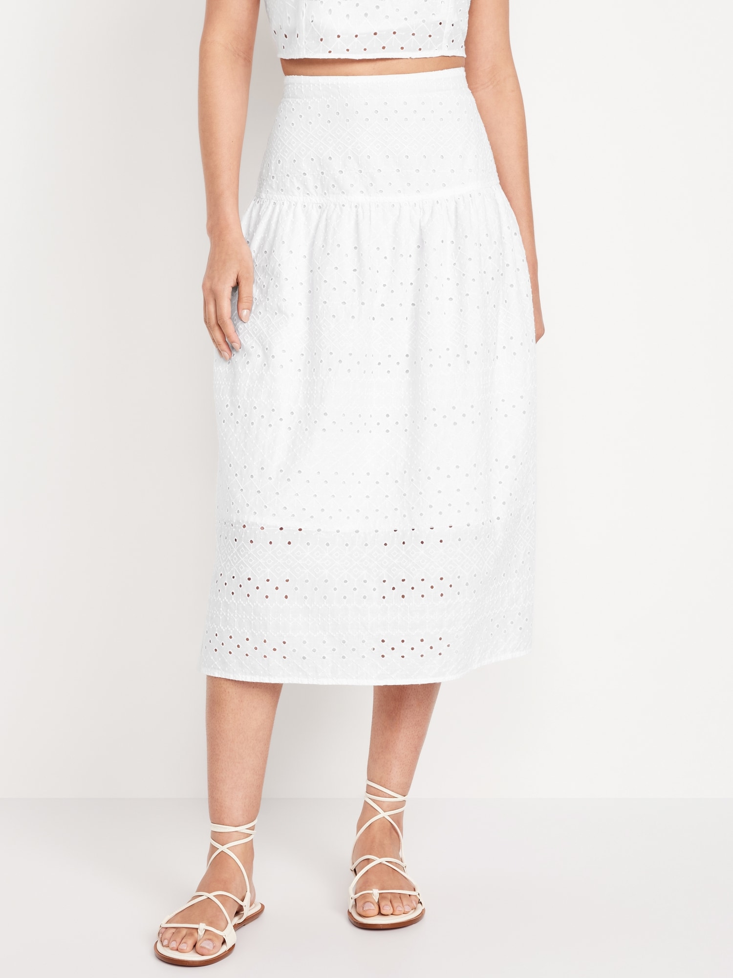 Dropped-Waist Eyelet Midi Skirt