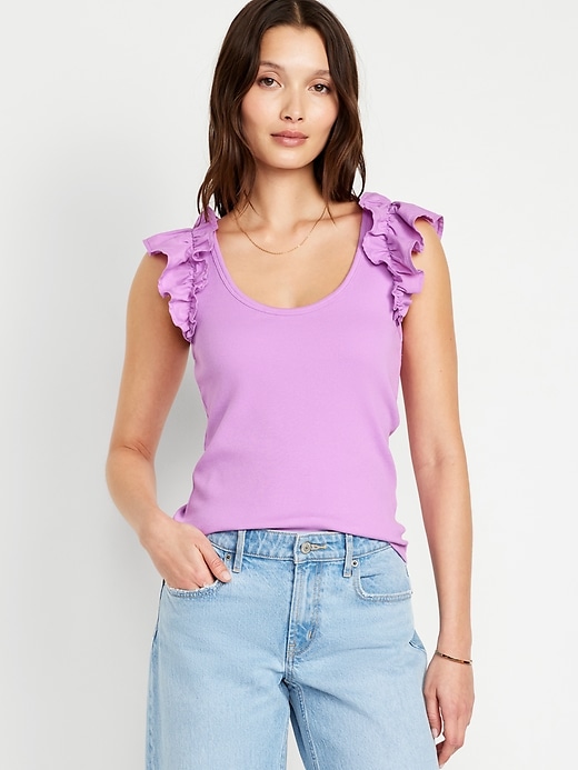 Image number 1 showing, Ruffled Mixed Fabric Tank Top