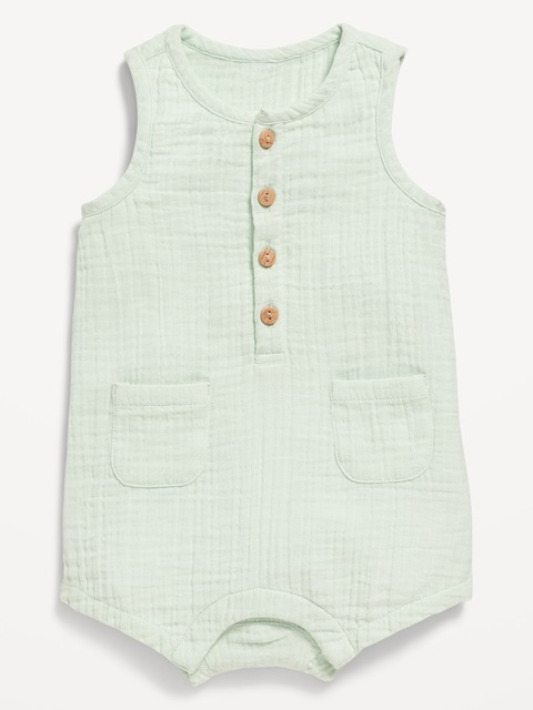 Unisex Sleeveless Henley One-Piece Romper for Baby - Mint Mist (Double Weave)