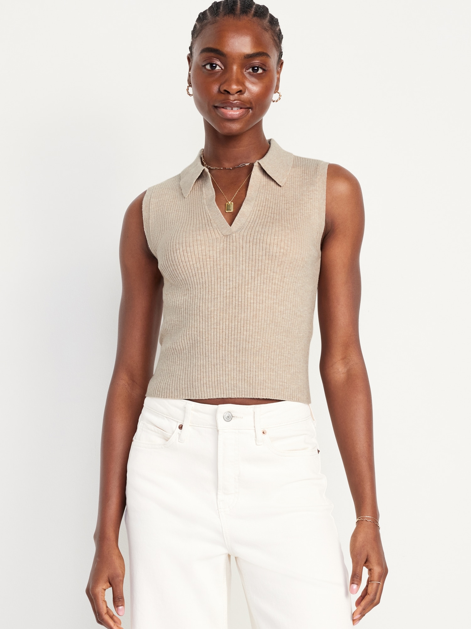 Rib-Knit Crop Polo Sweater