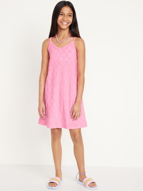 Sleeveless Terry Checkered Swing Dress for Girls - Bubble Pink