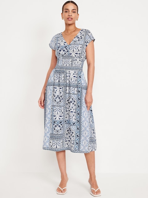 Robe mi-longue à taille définie - Motif Cachemire Bleu