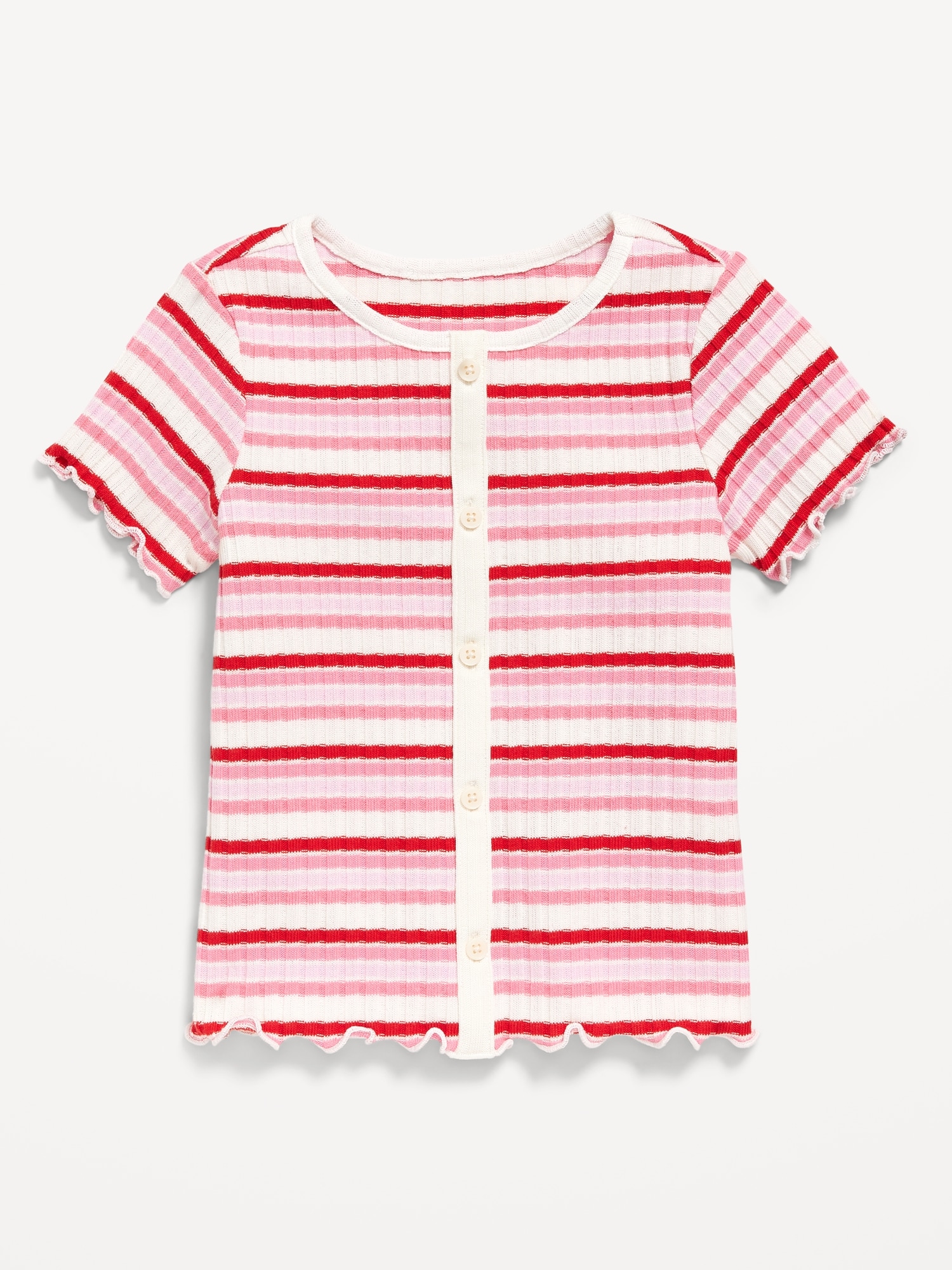 Short-Sleeve Lettuce-Edge Button-Front Top for Toddler Girls