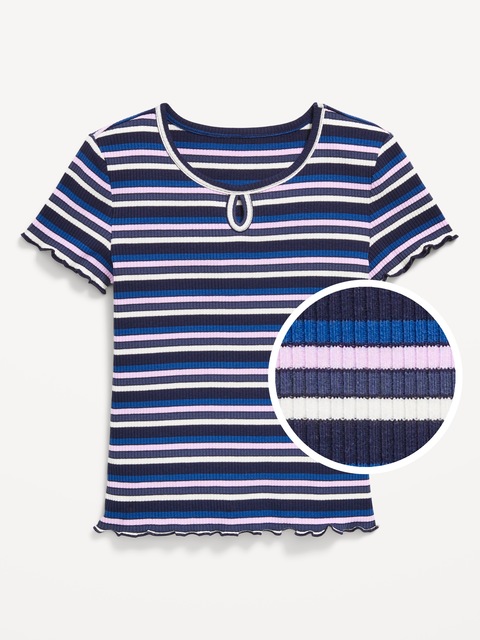 Short-Sleeve Lettuce-Edge Keyhole Top for Girls