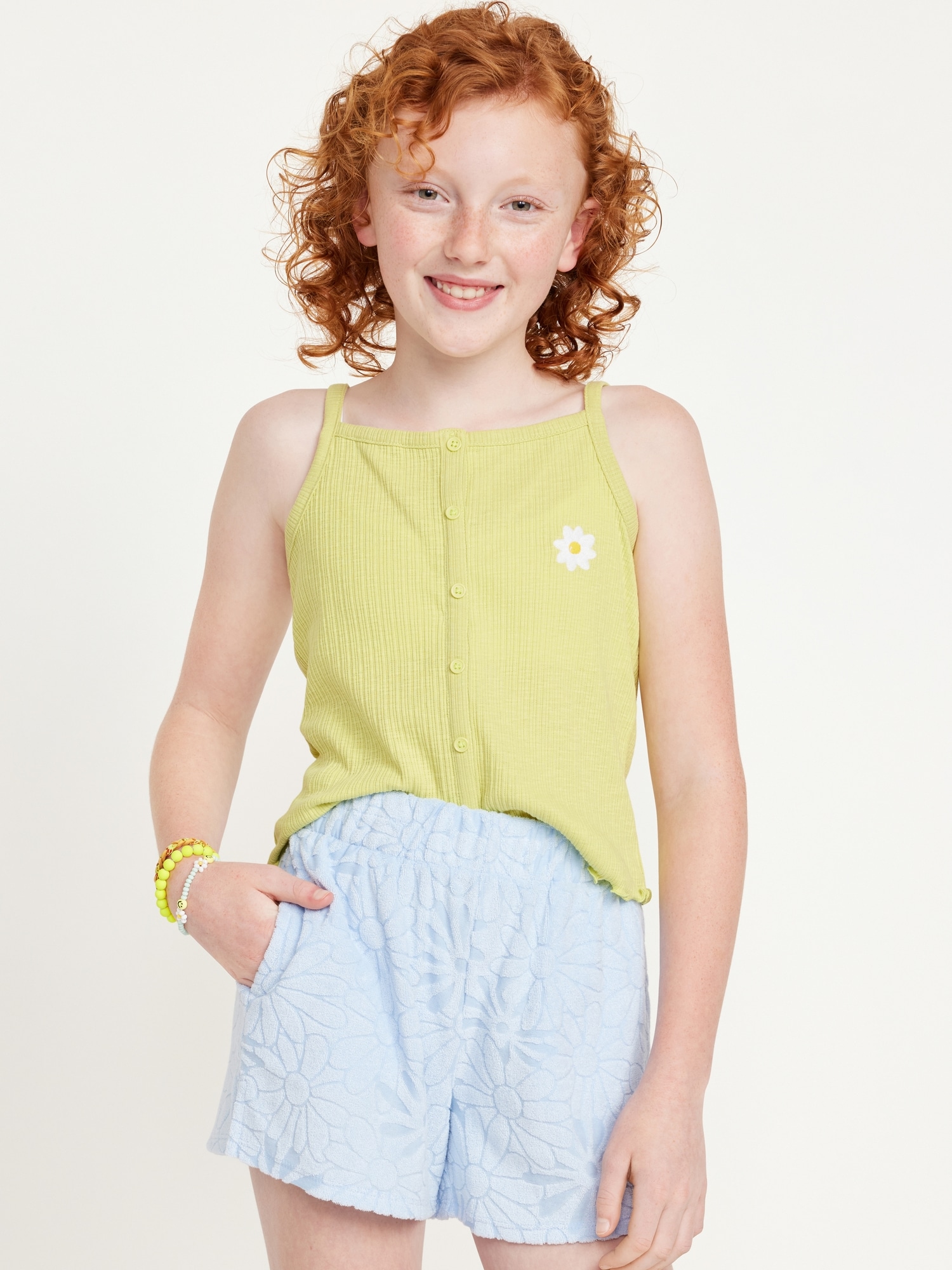 Camisole ajustée à imprimé brodé et boutons décoratifs pour Fille - Vert