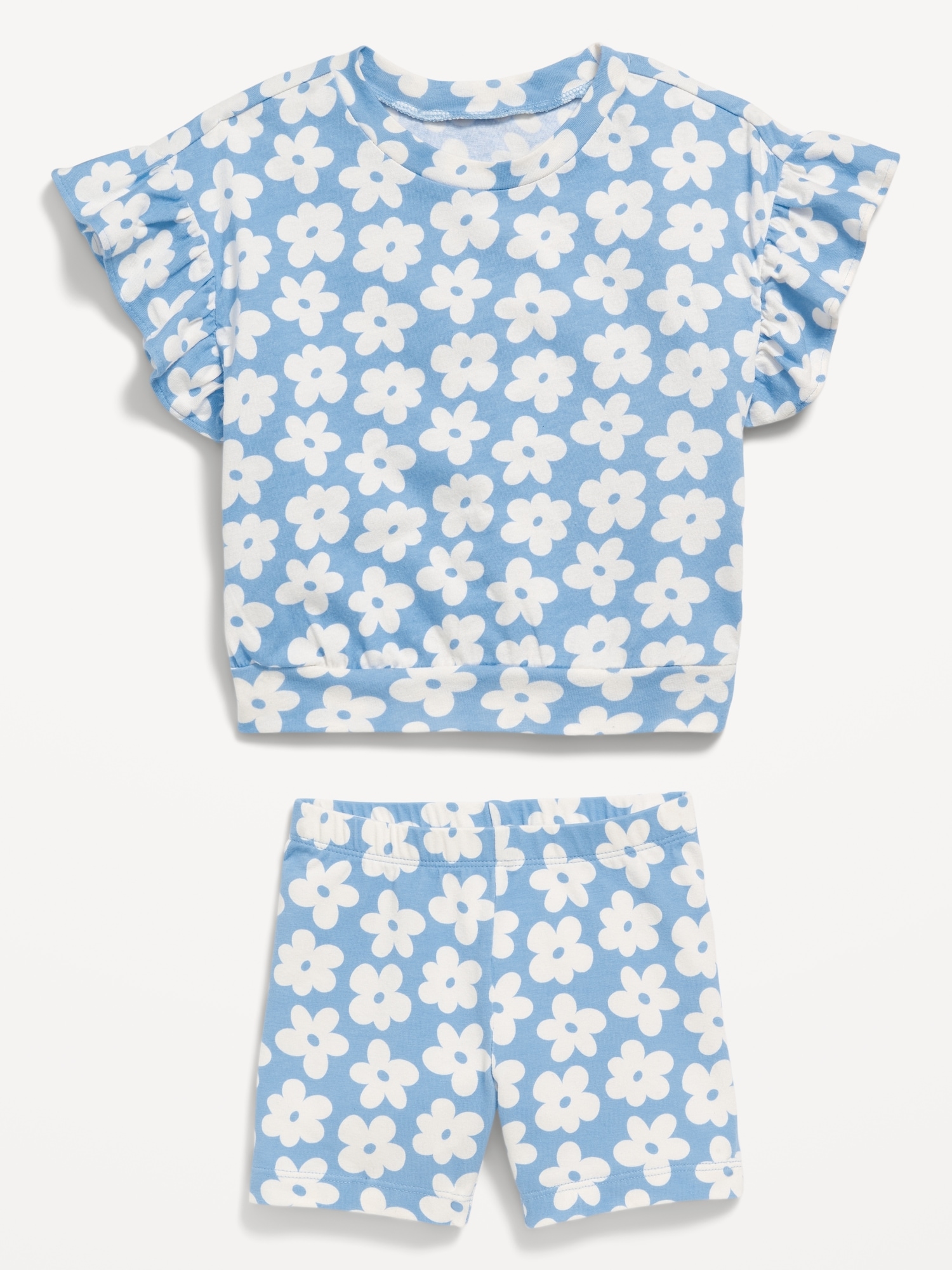 Printed Short-Sleeve Ruffle Top and Biker Shorts Set for Toddler Girls