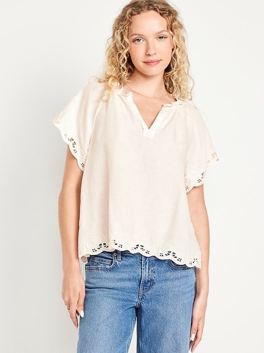 Image number 1 showing, Split-Neck Eyelet Top