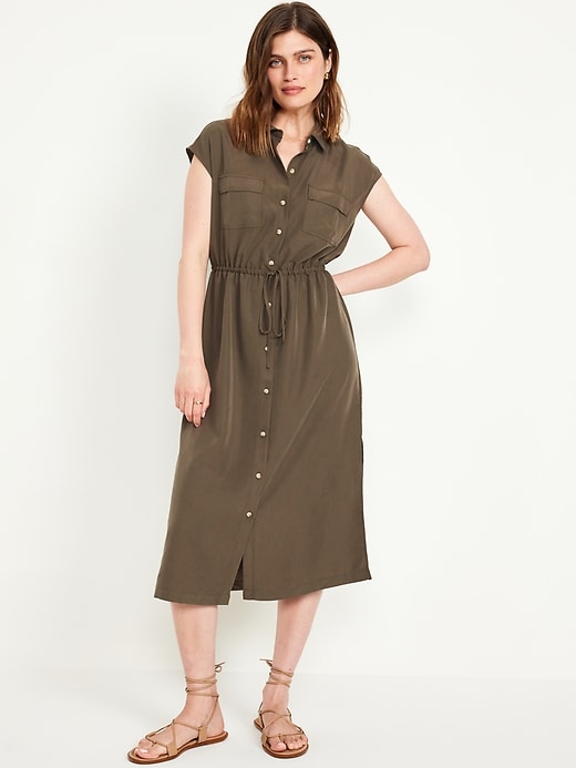 Image number 1 showing, Waist-Defined Utility Midi Shirt Dress