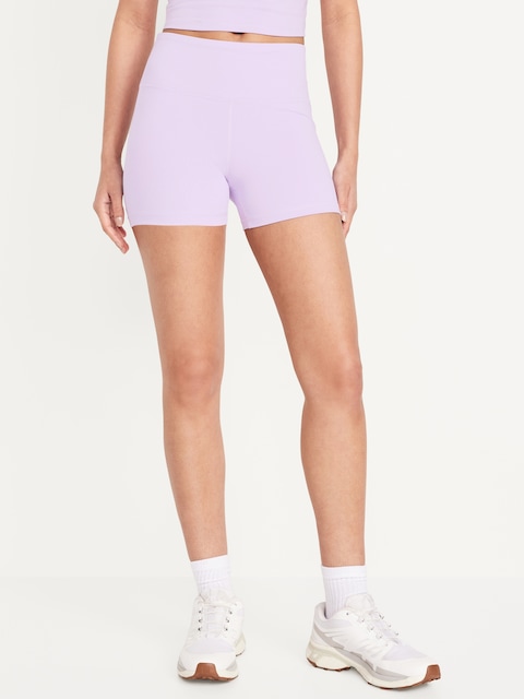 High-Waisted PowerSoft Biker Shorts -- 4-inch inseam - Lavender Aura