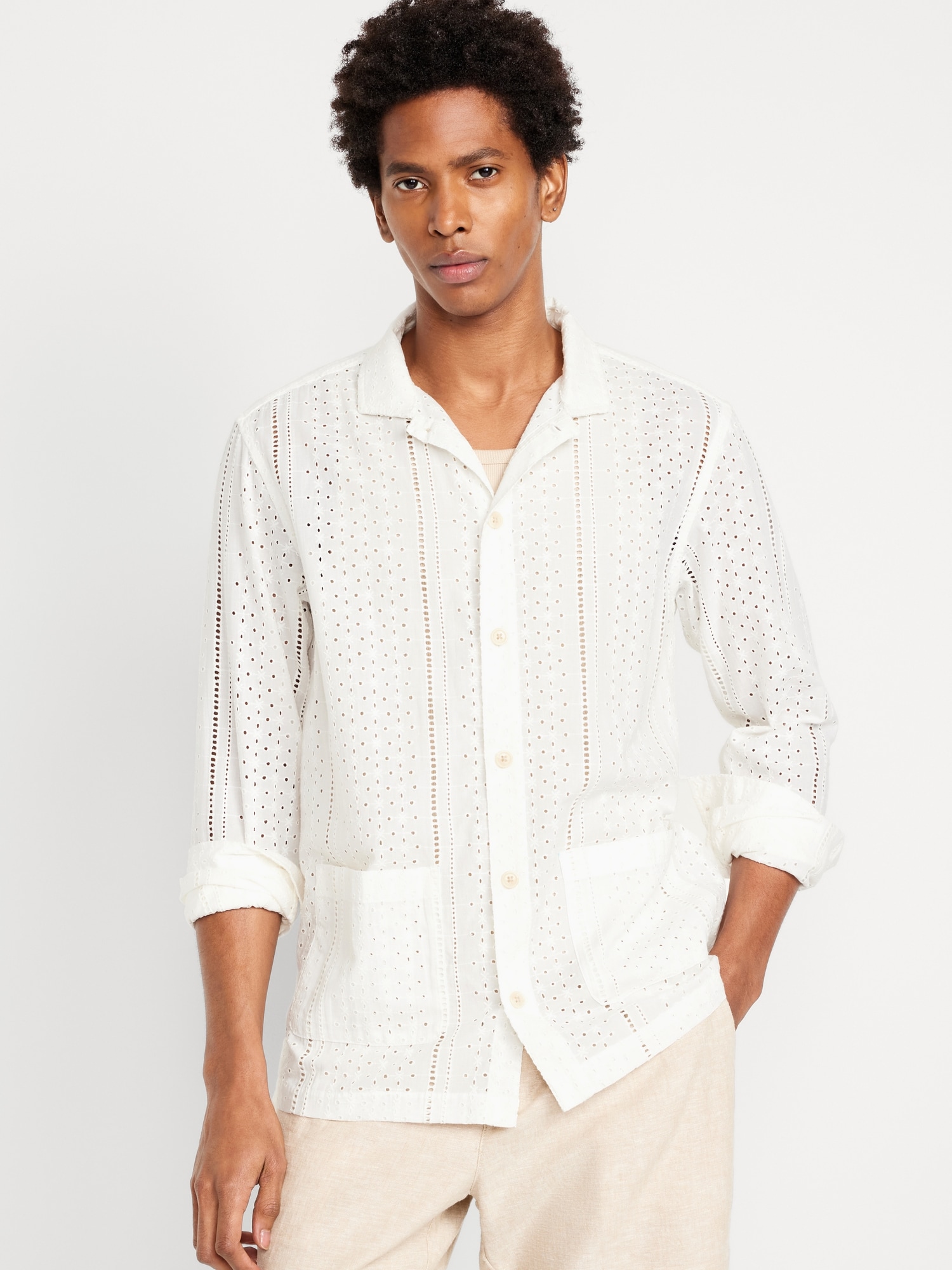 Button-Front Eyelet Shirt - White