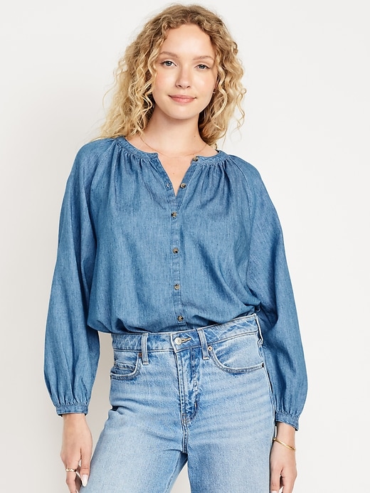 Image number 1 showing, Split-Neck Button-Down Top