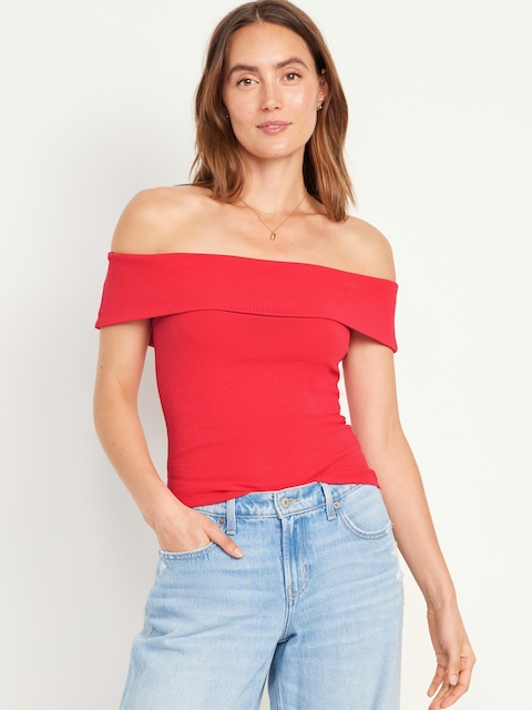 Off-Shoulder Ribbed Top - Cherry Tomato