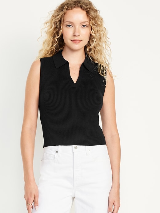 Image number 1 showing, Rib-Knit Crop Polo Sweater