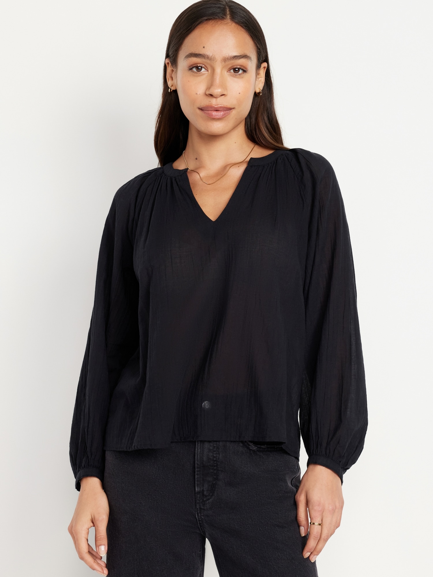 Split-Neck Crinkle Gauze Top