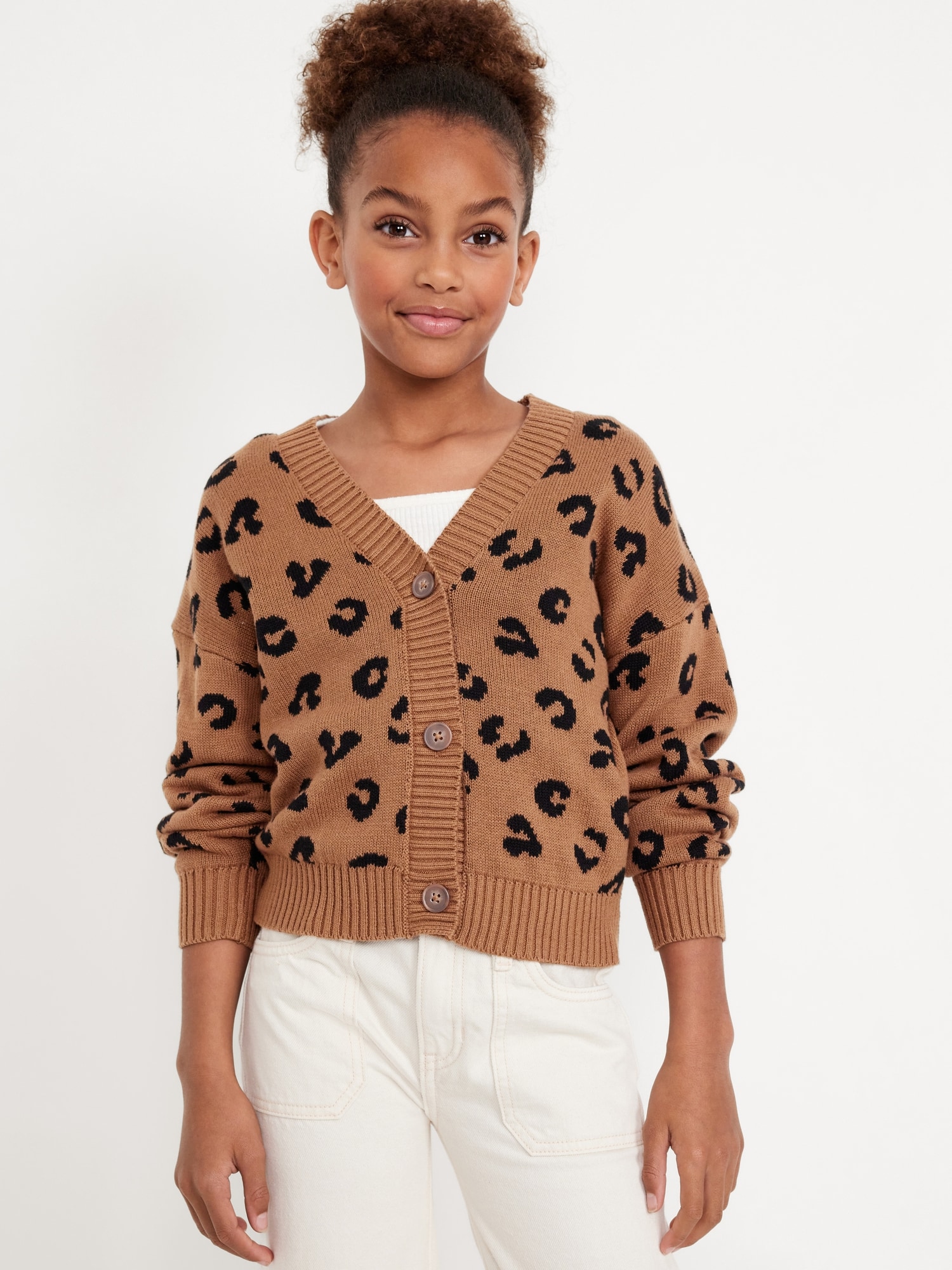 Printed Button-Front Cardigan Sweater for Girls