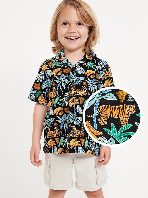 Voir une image plus grande du produit 1 de 3. Chemise de vacances en mélange de lin à motif et manches courtes pour tout-petit garçon