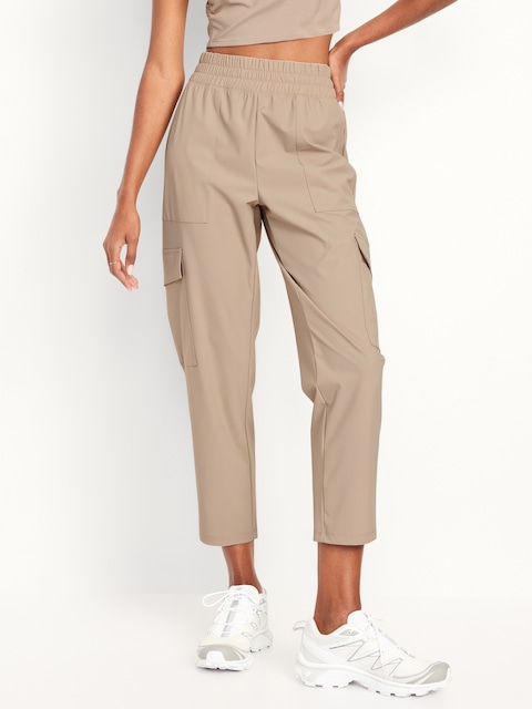 Pantalon cargo Tech élégant à taille haute longueur cheville - Brun