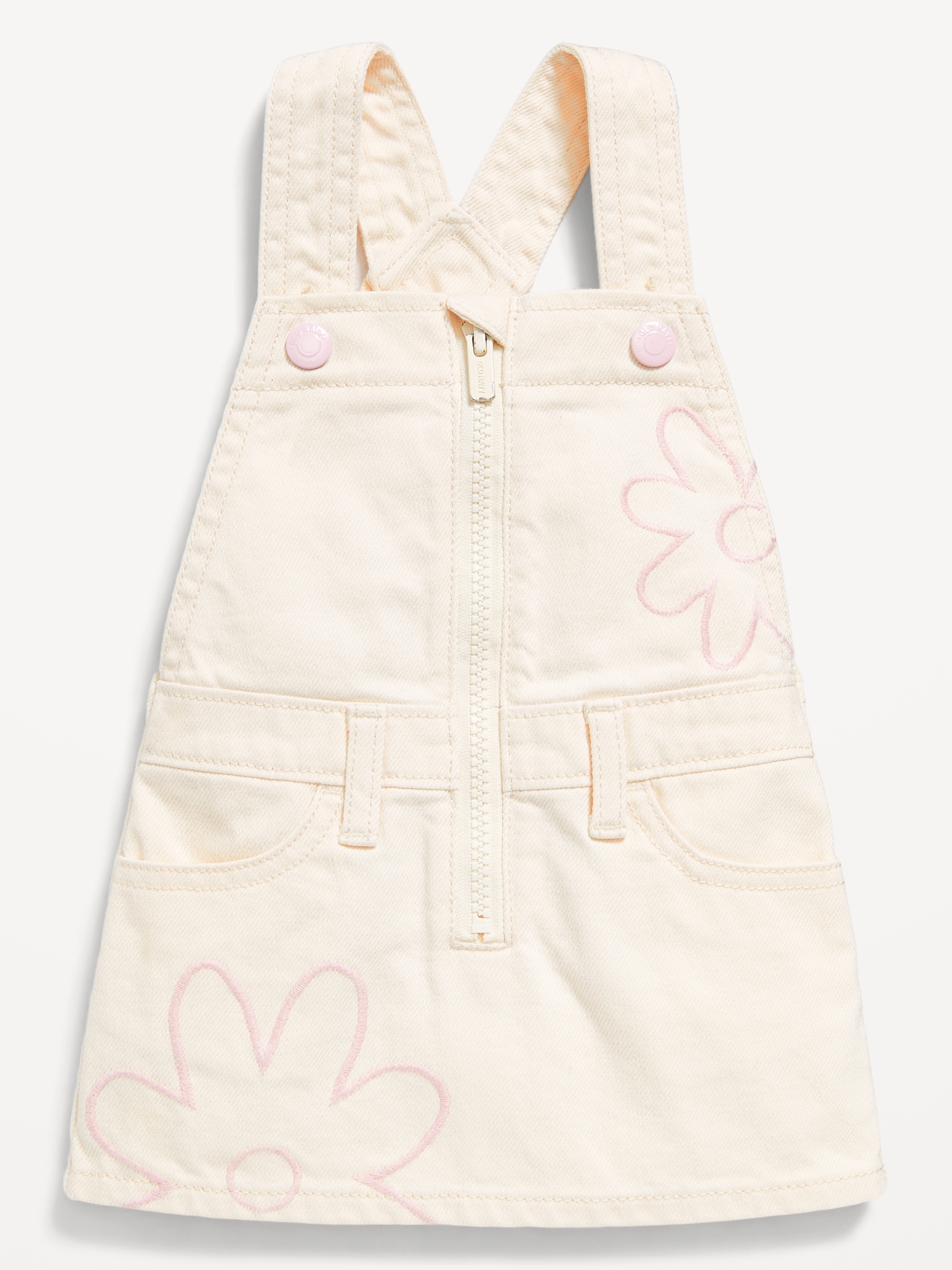 Zip-Front Embroidered Skirtall Jean Dress for Baby