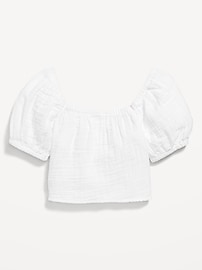 View large product image 3 of 3. Puff-Sleeve Double-Weave Tie-Knot Top for Girls