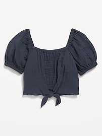 Image number 2 showing, Puff-Sleeve Double-Weave Tie-Knot Top for Girls