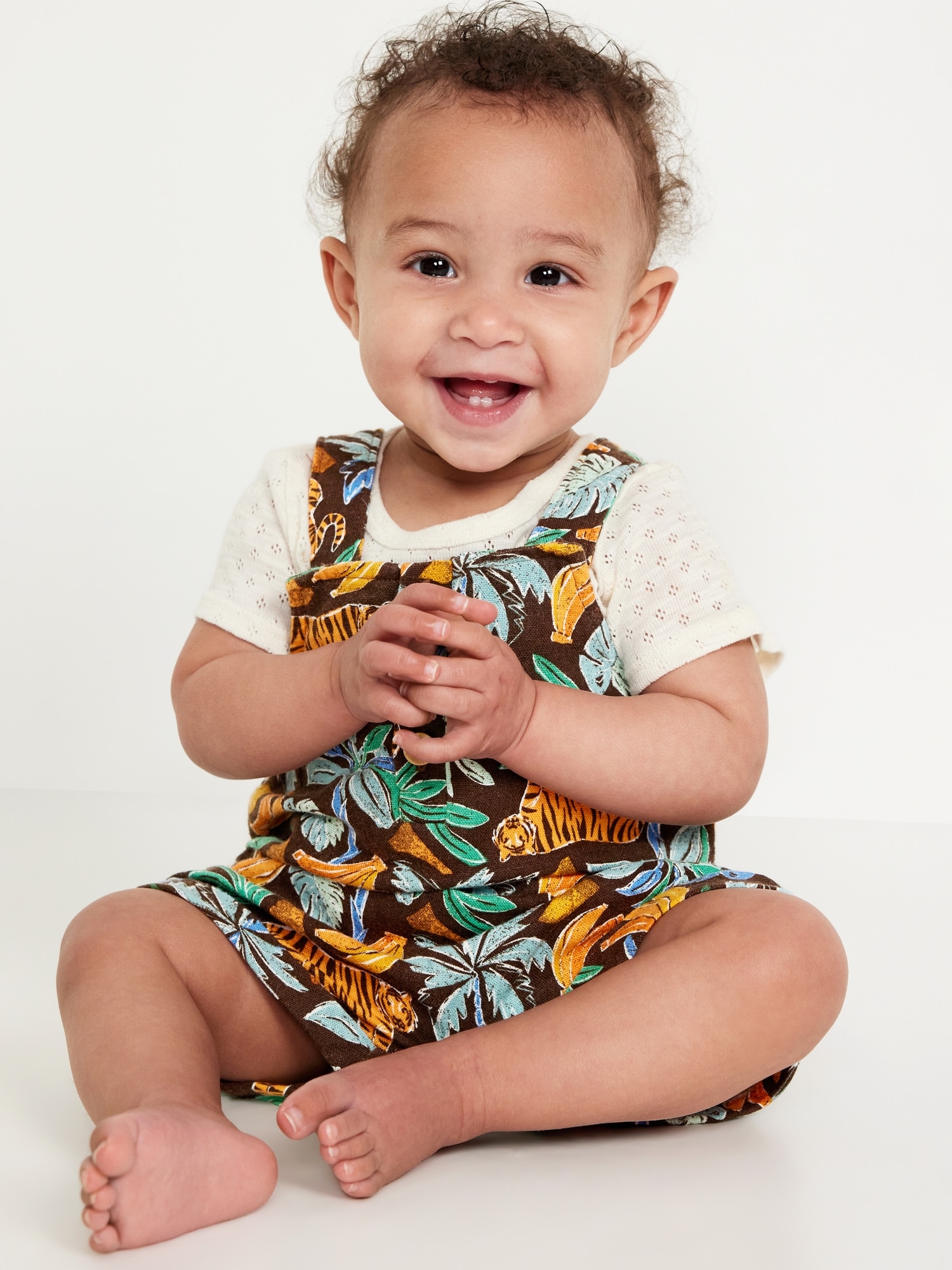 Printed Linen-Blend Shortall Romper for Baby