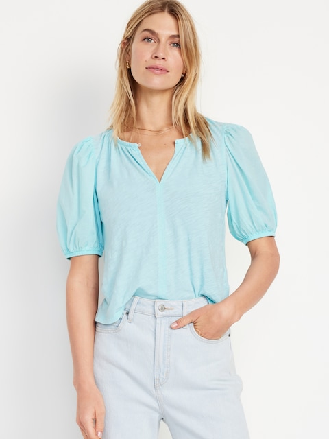Puff-Sleeve Slub-Knit Top